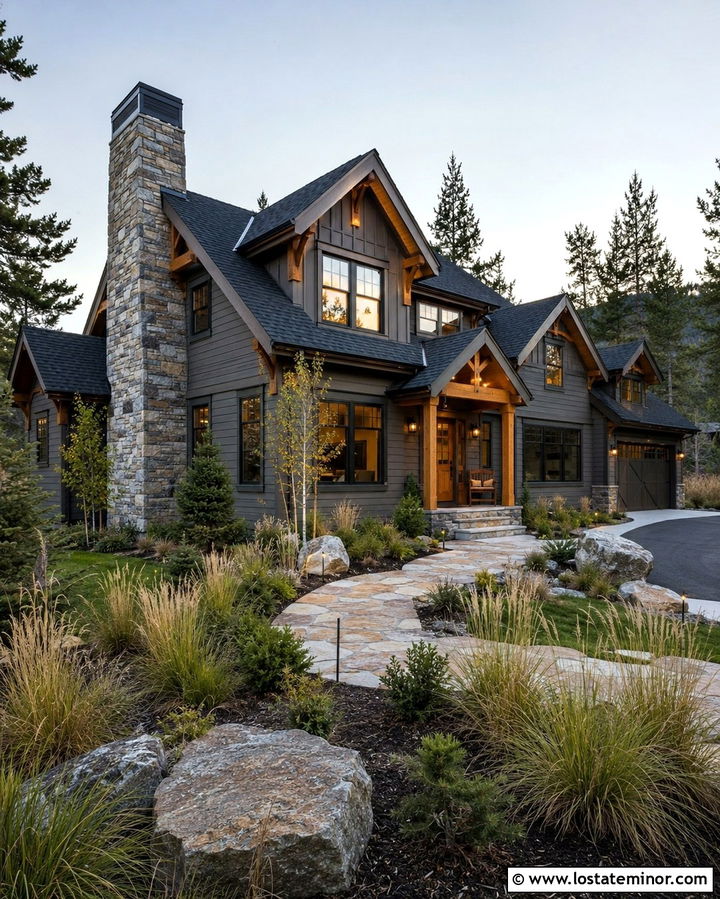 Slate Grey Siding With A Stone Chimney - 30 Slate Grey House Design With Siding Ideas