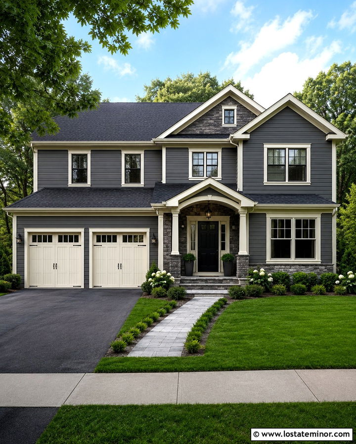 Slate Grey Siding With A White Garage Door - 30 Slate Grey House Design With Siding Ideas