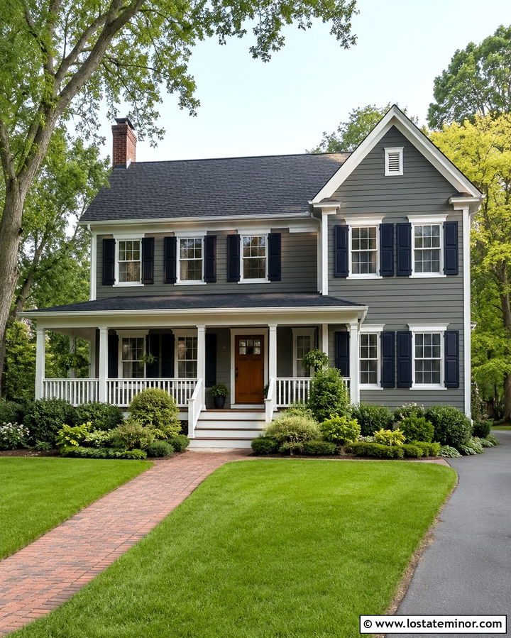 Slate Grey Siding With Navy Shutters - 30 Slate Grey House Design With Siding Ideas