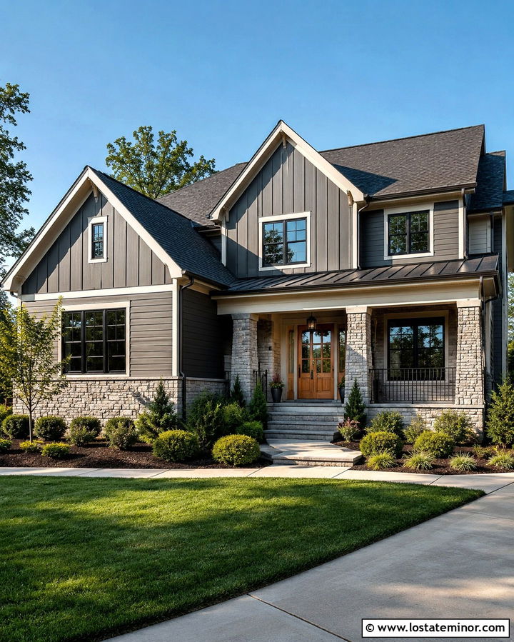 Slate Grey Siding With Stone - 30 Slate Grey House Design With Siding Ideas