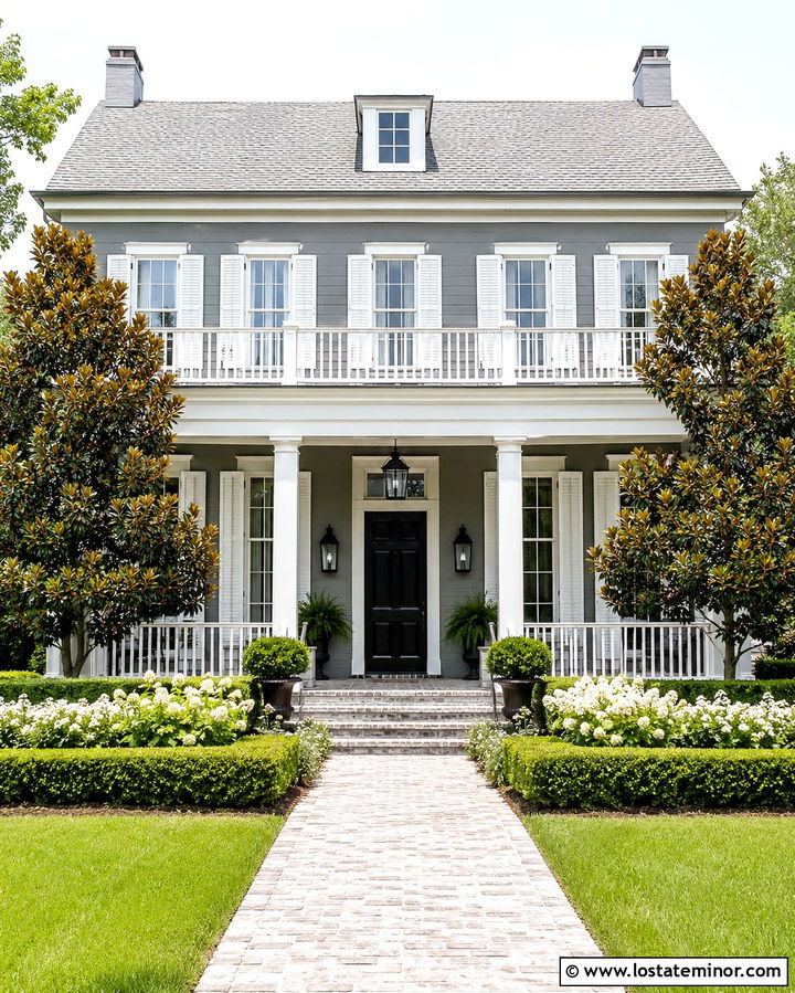 Slate Grey Southern House With White Louvered Shutters - 30 Slate Grey House Design With Shutters Ideas