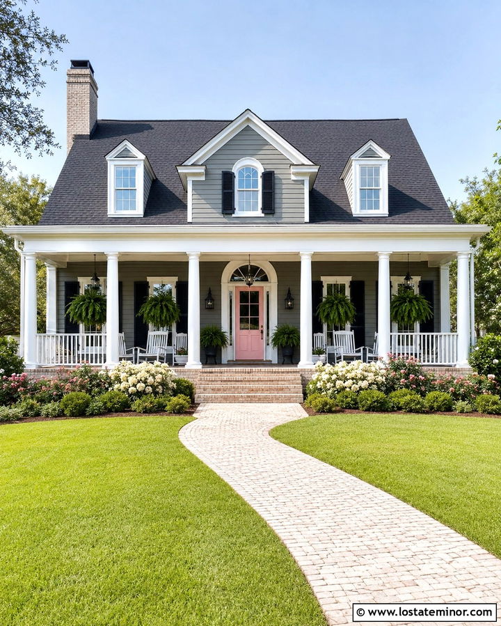 Slate Grey Southern Porch House With Pink Dutch Door - 30 Slate Grey House Design With Dutch Door Ideas