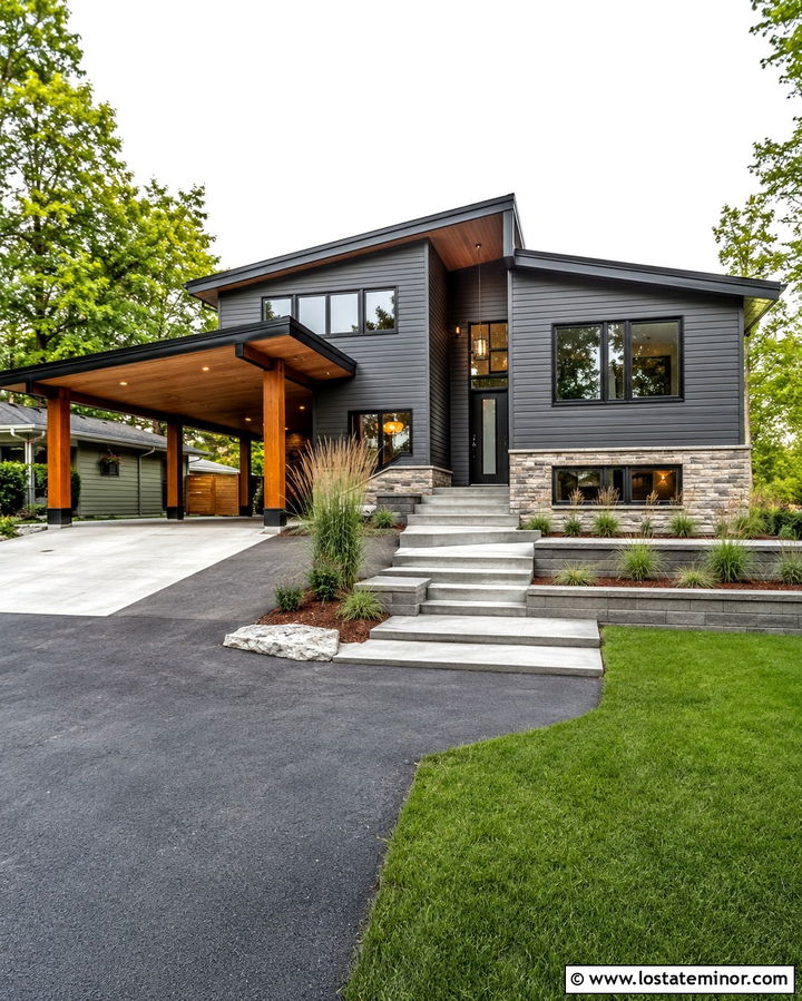 Slate Grey Split Level House With Carport - 30 Slate Grey House Design With Carport Ideas