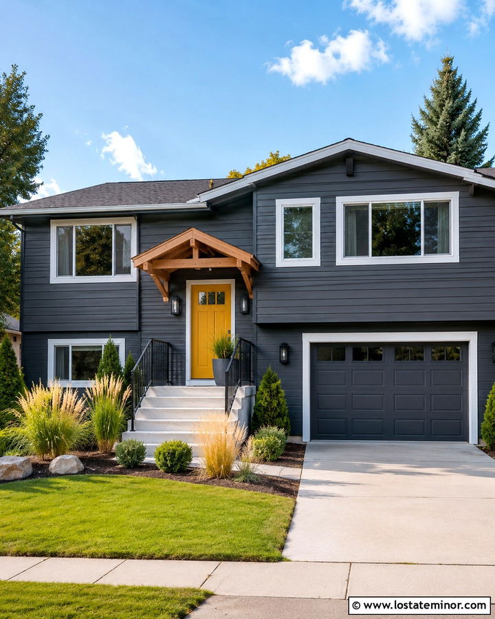 Slate Grey Split Level House With Mustard Yellow Front Door - 30 Slate Grey House Design With Front Door Ideas