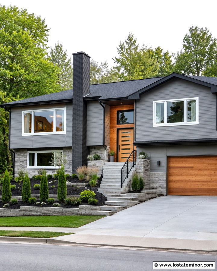 Slate Grey Split Level House With Painted Chimney - 30 Slate Grey House Design With Chimney Ideas