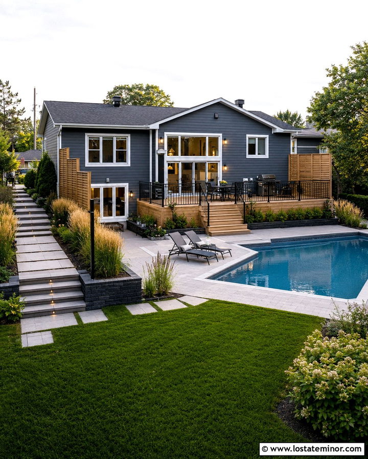Slate Grey Split Level House With Raised Pool Deck - 30 Slate Grey House Design With Swimming Pool Ideas