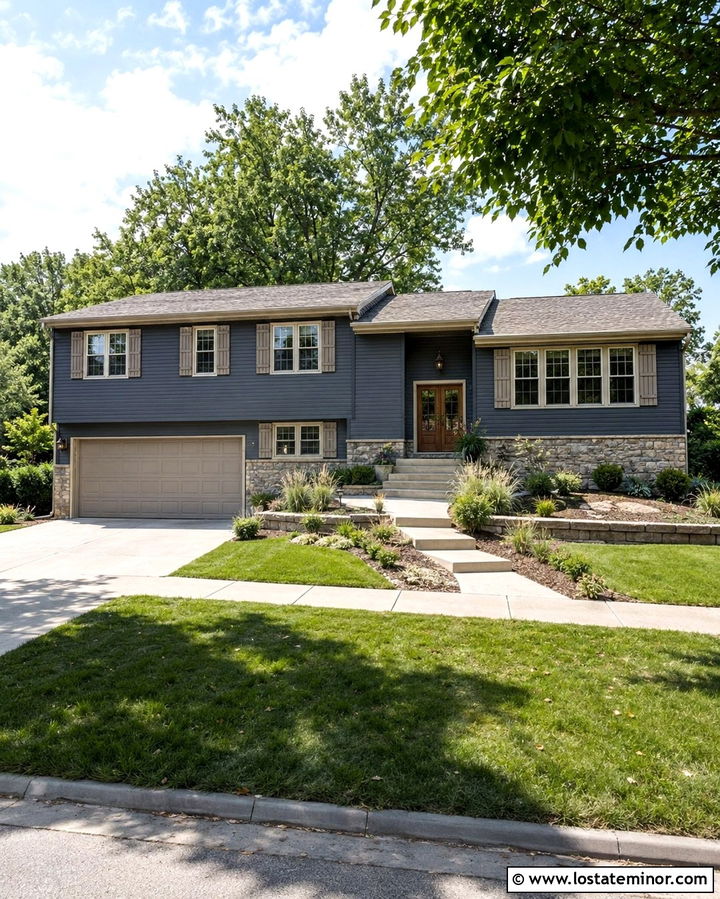 Slate Grey Split Level House With Taupe Shutters - 30 Slate Grey House Design With Shutters Ideas