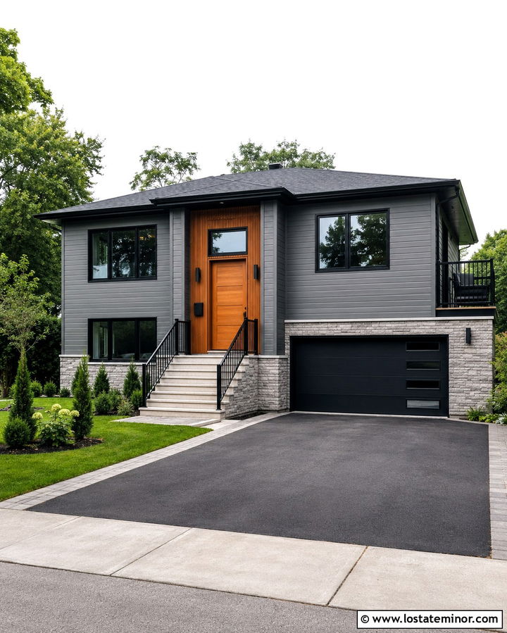 Slate Grey Split Level With Black Aluminum Railings - 30 Slate Grey House Design With Railings Ideas