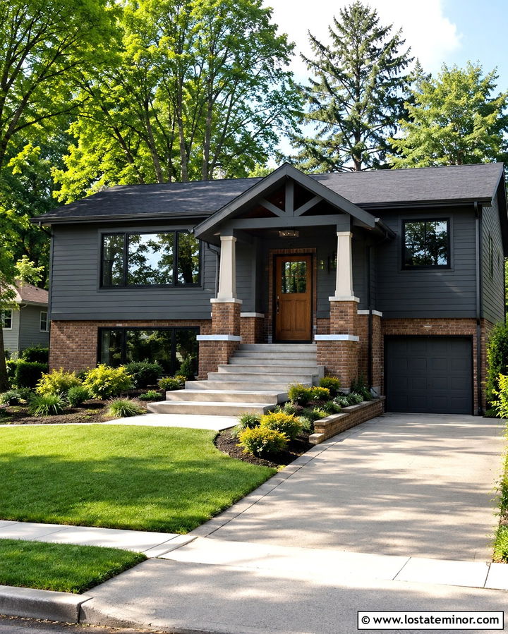 Slate Grey Split Level With Brick Porch Columns - 30 Slate Grey House Design With Porch Columns Ideas