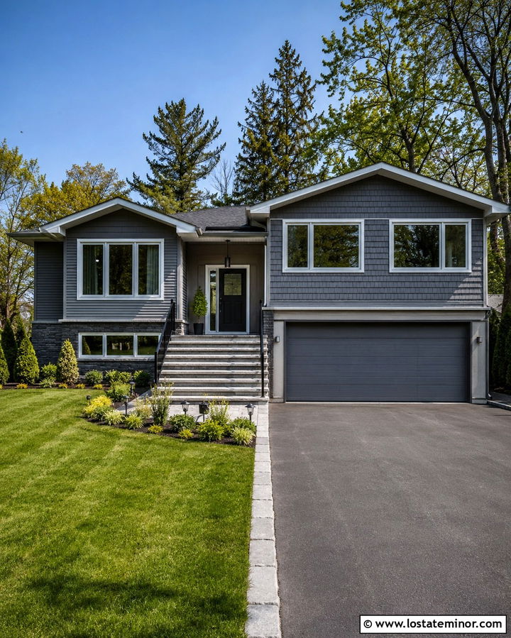 Slate Grey Split Level With Cedar Shake Garage - 30 Slate Grey House Design With Cedar Shake Ideas