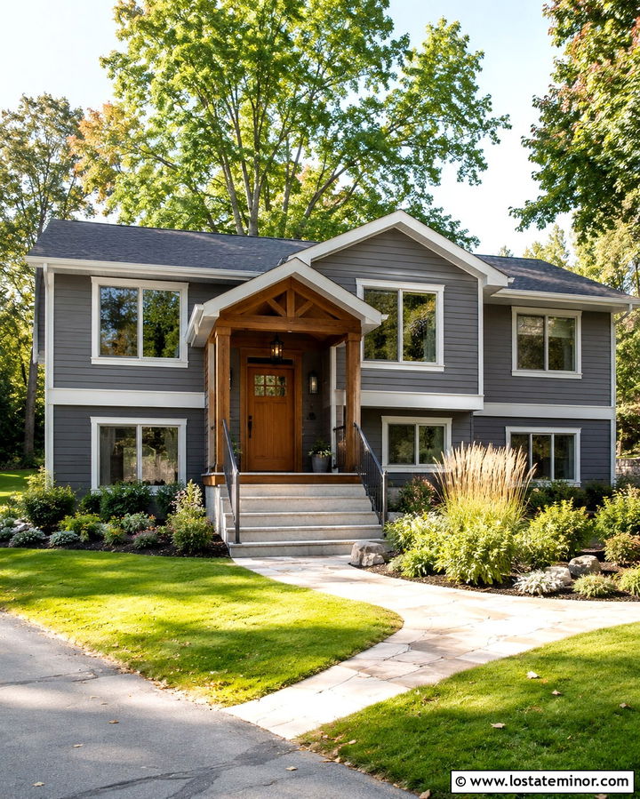 Slate Grey Split Level With Covered Front Porch - 30 Slate Grey House Design With Front Porch Ideas