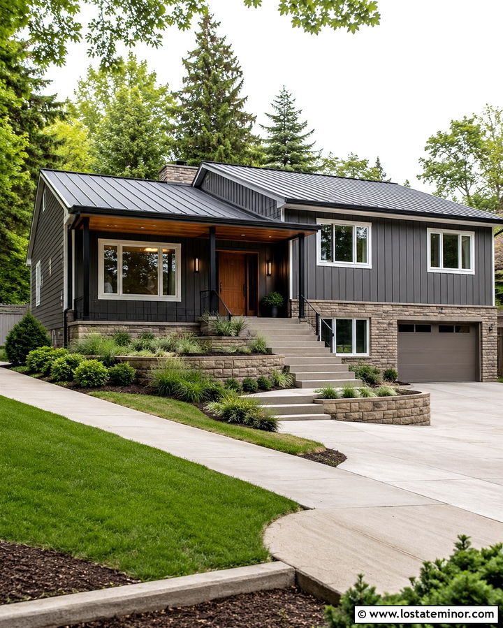 Slate Grey Split Level With Extended Portico - 30 Slate Grey House Design With Portico Ideas