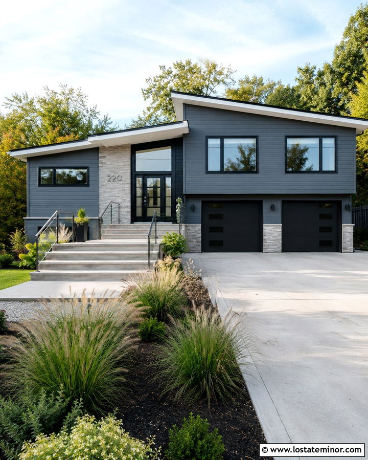 Slate Grey Split Level With Floating Numbers - 30 Slate Grey House Design With House Numbers Ideas