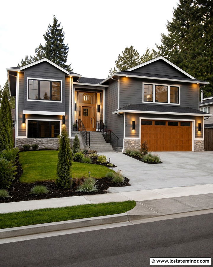 Slate Grey Split Level With Linear Sconces - 30 Slate Grey House Design With Light Fixtures Ideas