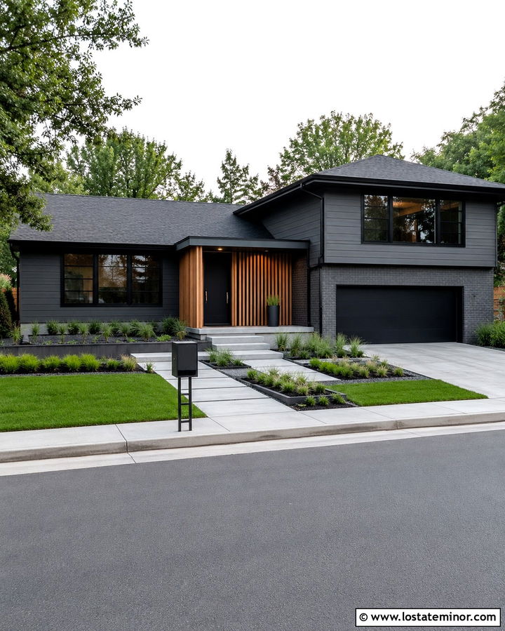Slate Grey Split Level With Modern Mailbox - 30 Slate Grey House Design With Mailbox Ideas