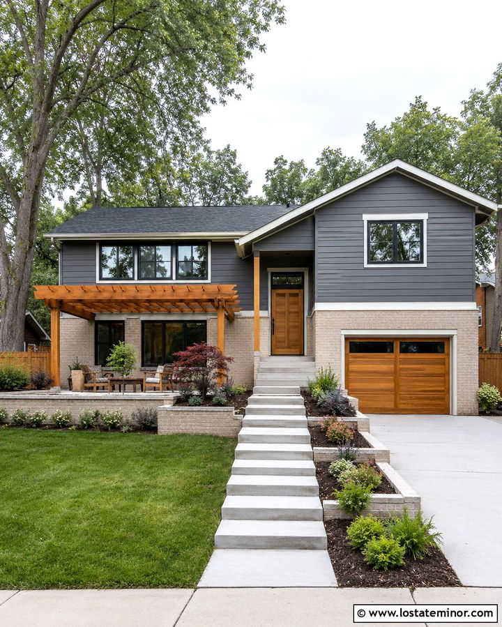Slate Grey Split Level With Pergola - 30 Slate Grey House Design With Pergola Ideas