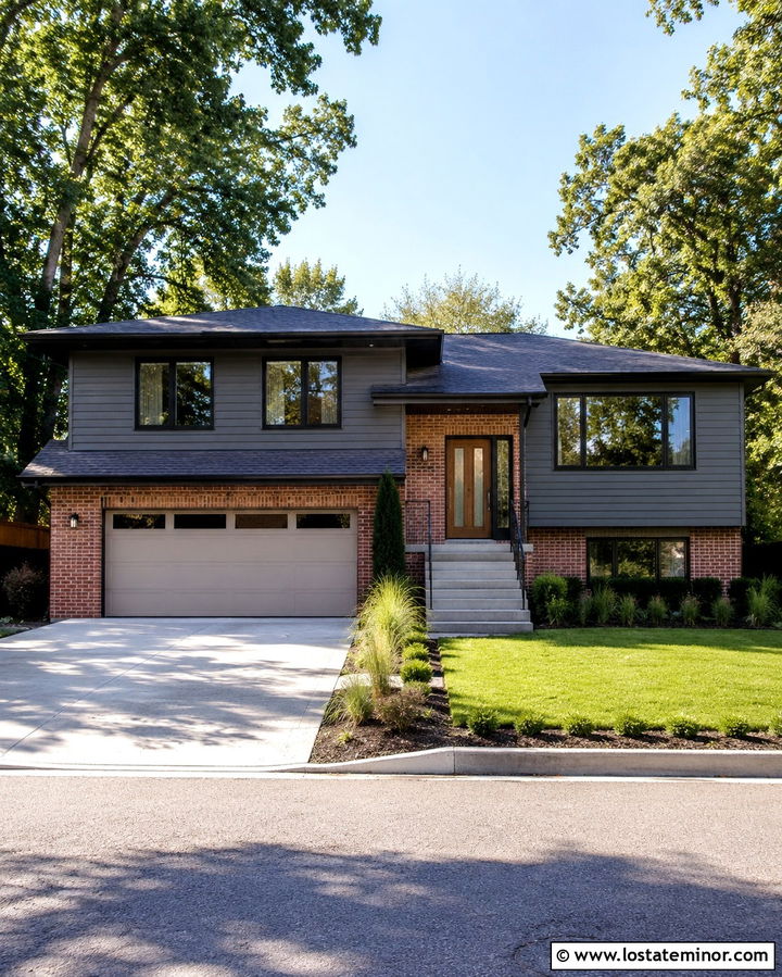 Slate Grey Split Level With Red Brick Garage - 30 Slate Grey House Design With Brick Accents Ideas