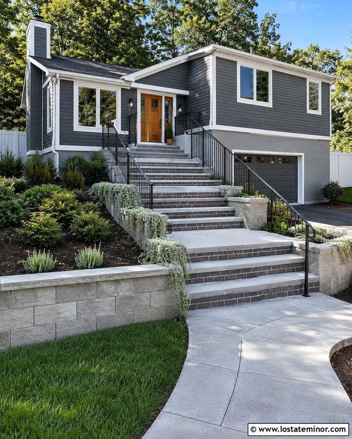 Slate Grey Split Level With Tiered Steps - 30 Slate Grey House Design With Steps Ideas