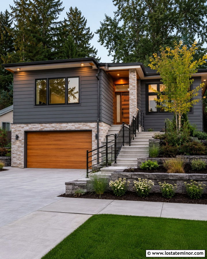 Slate Grey Split Level With Wood Look Garage Door - 30 Slate Grey House Design With Garage Door Ideas