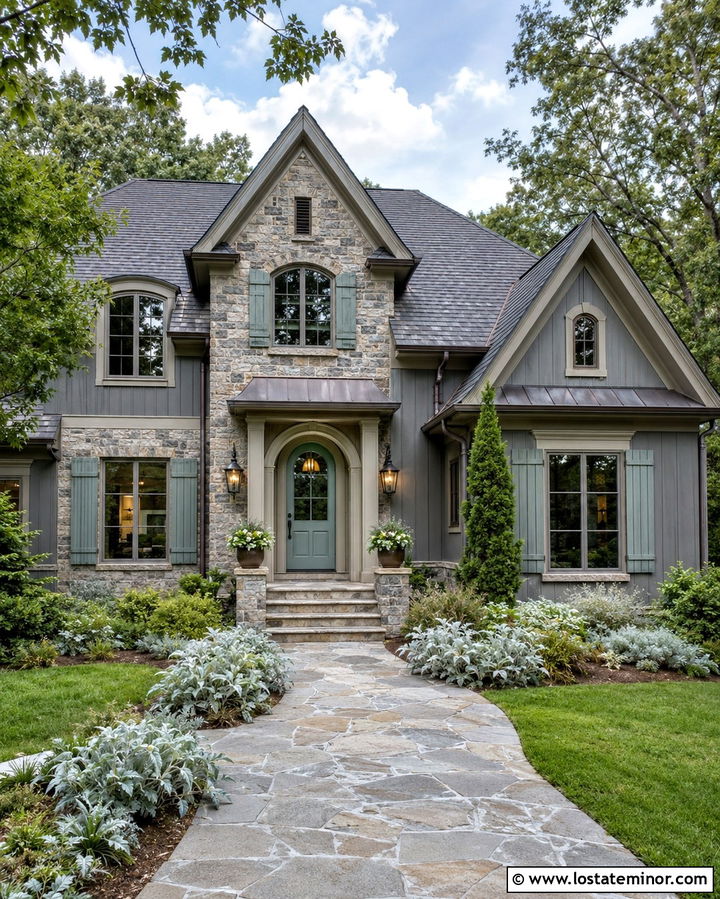 Slate Grey Stone House With Copper Green Shutters - 30 Slate Grey House Design With Shutters Ideas