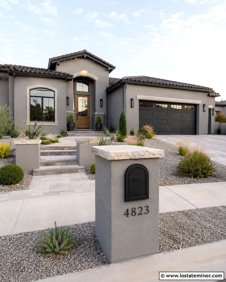 Slate Grey Stucco House With Column Mailbox - 30 Slate Grey House Design With Mailbox Ideas