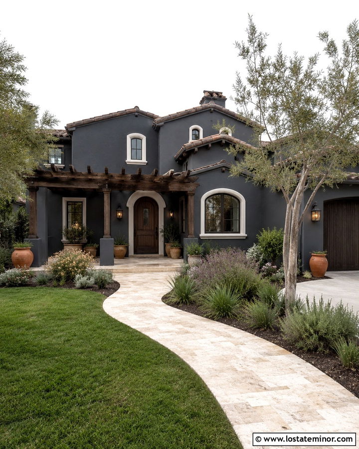 Slate Grey Stucco House With Pergola - 30 Slate Grey House Design With Pergola Ideas