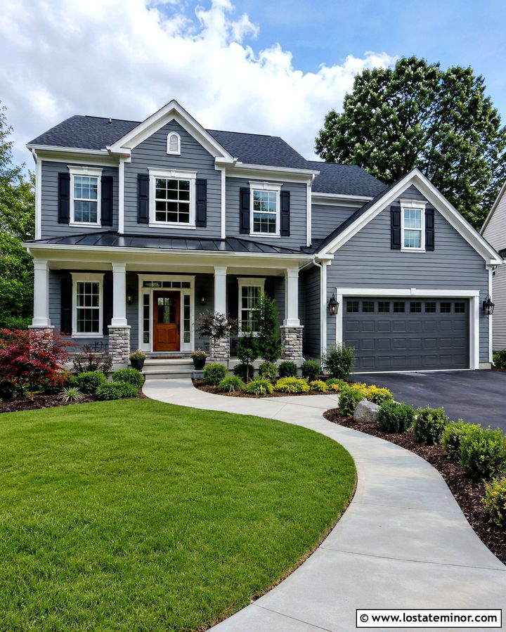 Slate Grey Suburban House With Black Shutters And Wood Door - 30 Slate Grey House Design With Shutters Ideas