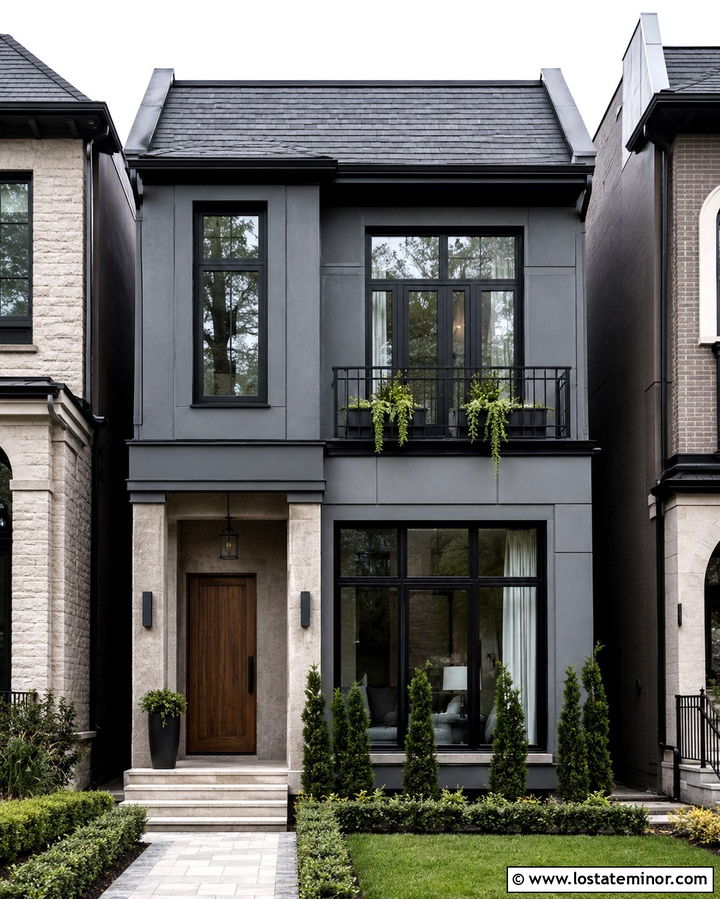 Slate Grey Townhouse With Balcony Railings - 30 Slate Grey House Design With Railings Ideas