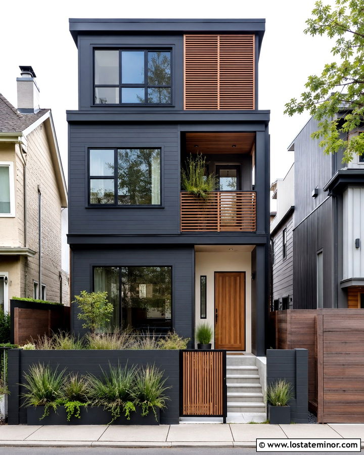 Slate Grey Townhouse With Cedar Slat Gate - 30 Slate Grey House Design With Fence Ideas