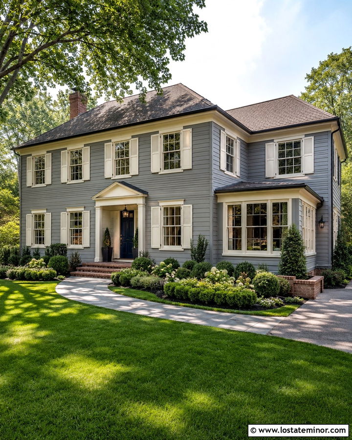 Slate Grey Traditional House With Cream Shutters - 30 Slate Grey House Design With Shutters Ideas