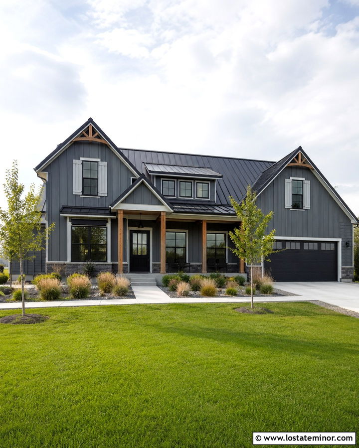 Slate Grey Transitional House With Greige Shutters - 30 Slate Grey House Design With Shutters Ideas