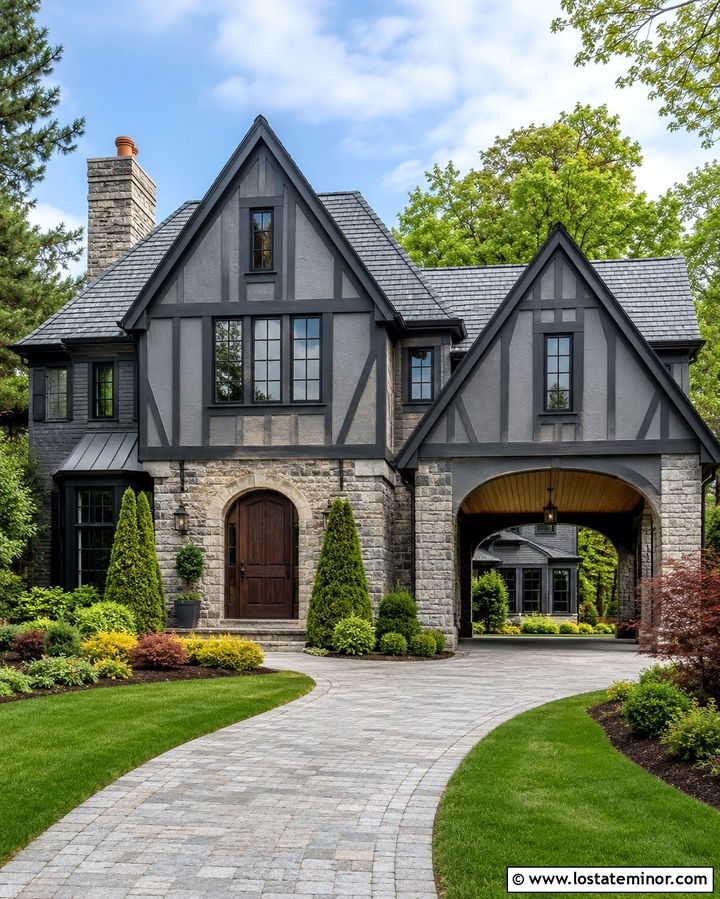 Slate Grey Tudor House With Arched Carport - 30 Slate Grey House Design With Carport Ideas
