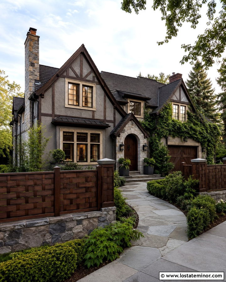 Slate Grey Tudor House With Basket Weave Fence - 30 Slate Grey House Design With Fence Ideas