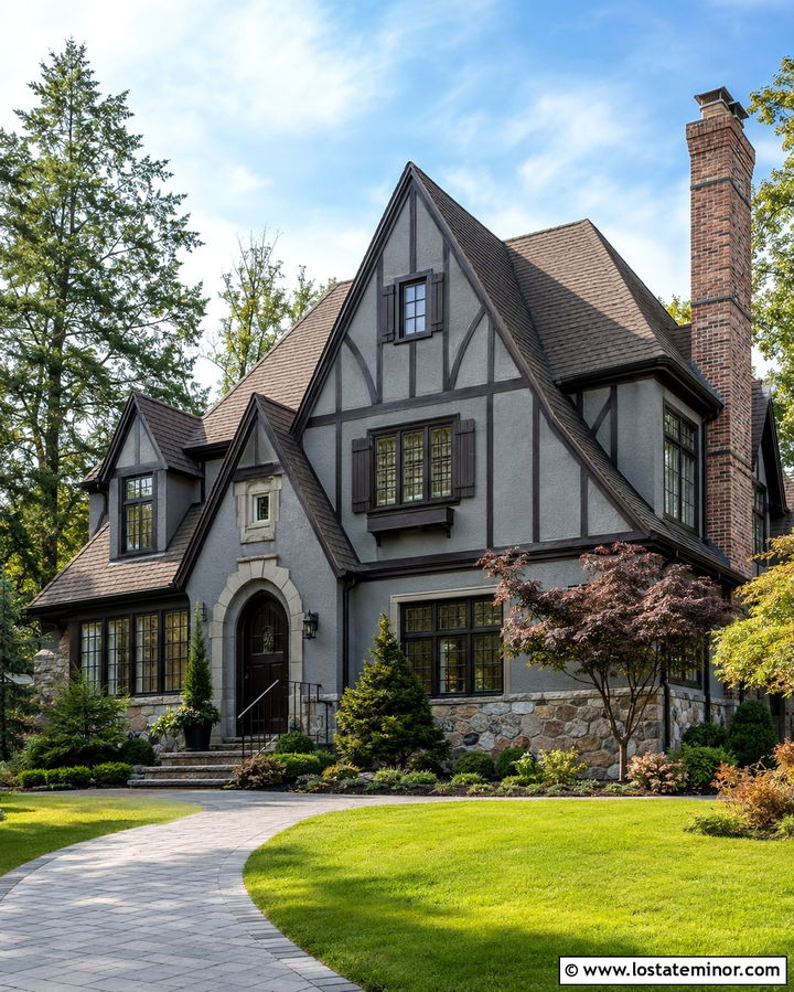 Slate Grey Tudor House With Espresso Shutters - 30 Slate Grey House Design With Shutters Ideas