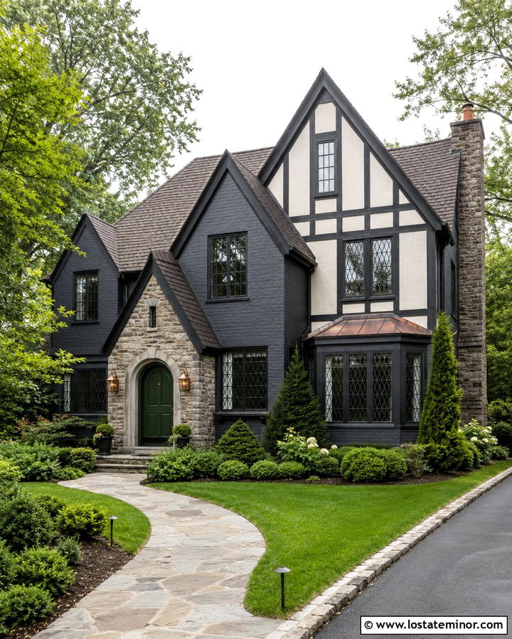 Slate Grey Tudor House With Forest Green Front Door - 30 Slate Grey House Design With Front Door Ideas