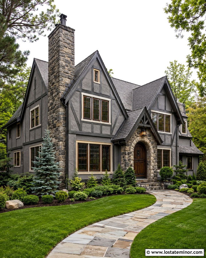 Slate Grey Tudor House With Stone Chimney - 30 Slate Grey House Design With Chimney Ideas