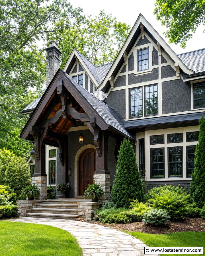 Slate Grey Tudor House With Timber Portico - 30 Slate Grey House Design With Portico Ideas
