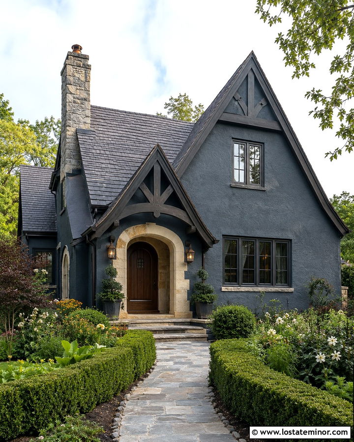 Slate Grey Tudor With Arched Front Porch - 30 Slate Grey House Design With Front Porch Ideas