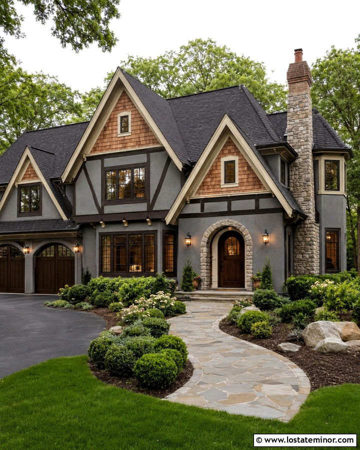 Slate Grey Tudor With Cedar Shake Peaks - 30 Slate Grey House Design With Cedar Shake Ideas