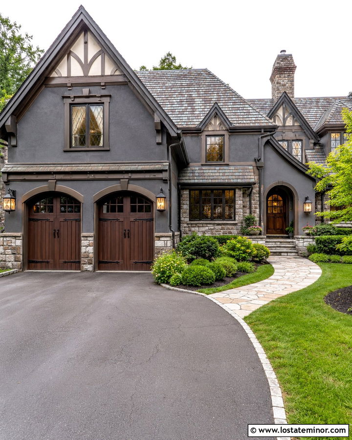 Slate Grey Tudor With Dark Brown Garage Door - 30 Slate Grey House Design With Garage Door Ideas