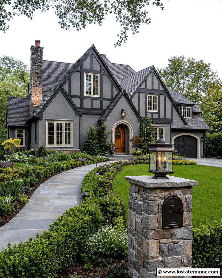 Slate Grey Tudor With Stone Mailbox - 30 Slate Grey House Design With Mailbox Ideas