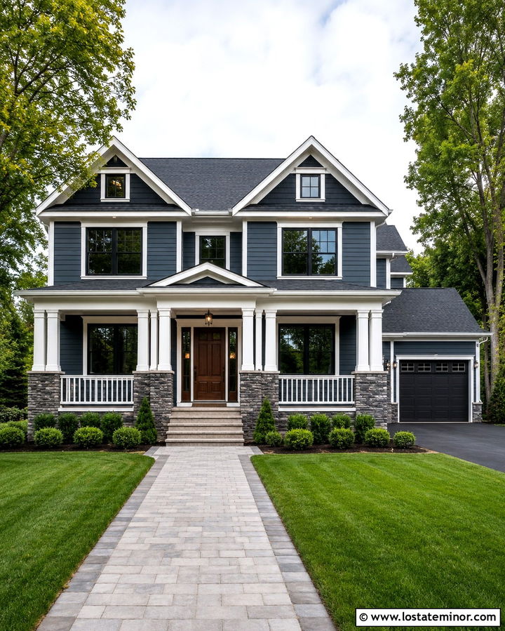 Slate Grey Two Story House With Double Columns - 30 Slate Grey House Design With Porch Columns Ideas