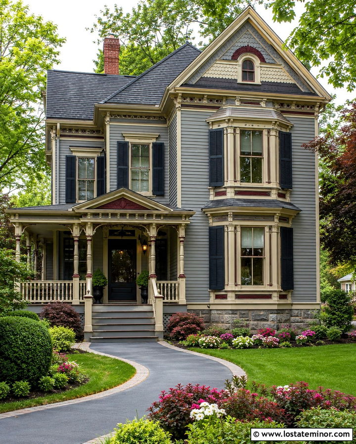 Slate Grey Victorian House With Blue Black Shutters - 30 Slate Grey House Design With Shutters Ideas