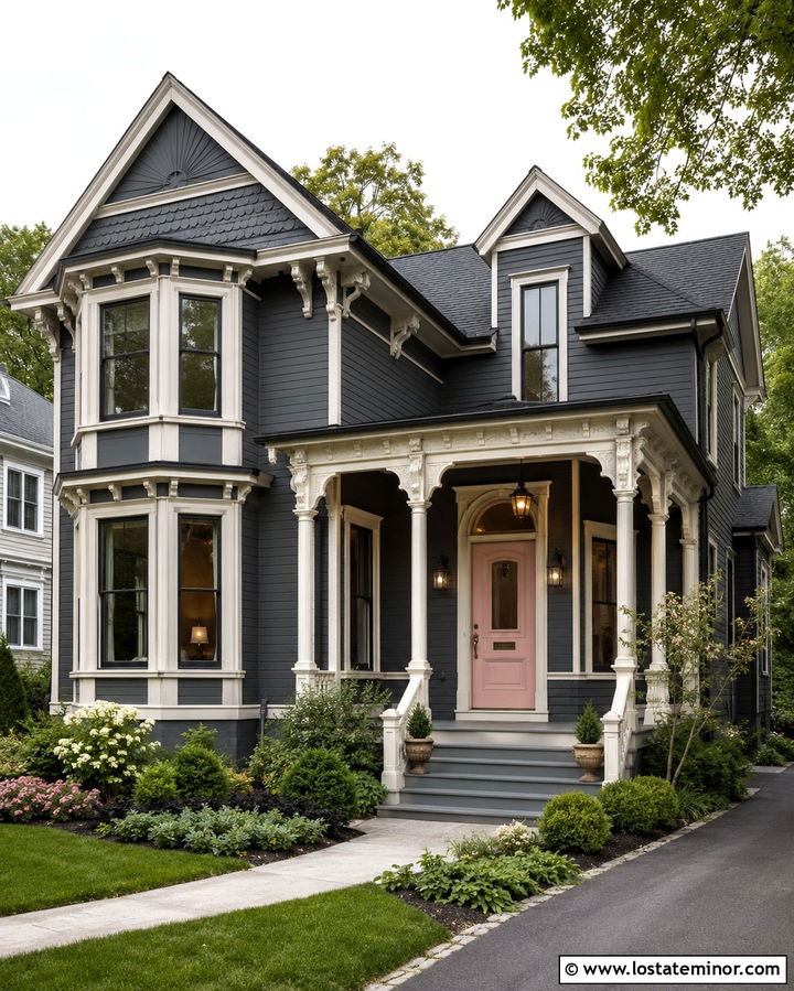 Slate Grey Victorian House With Blush Pink Front Door - 30 Slate Grey House Design With Front Door Ideas
