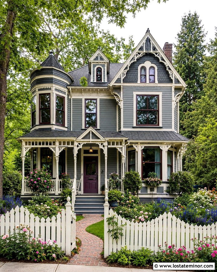 Slate Grey Victorian House With Scalloped Fence - 30 Slate Grey House Design With Fence Ideas