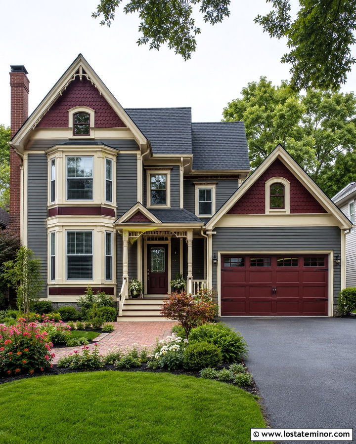 Slate Grey Victorian With Burgundy Garage Door - 30 Slate Grey House Design With Garage Door Ideas