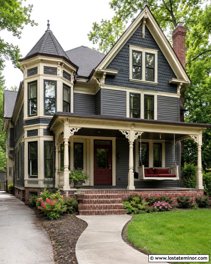 Slate Grey Victorian With Spindle Swing - 30 Slate Grey House Design With Swing Ideas