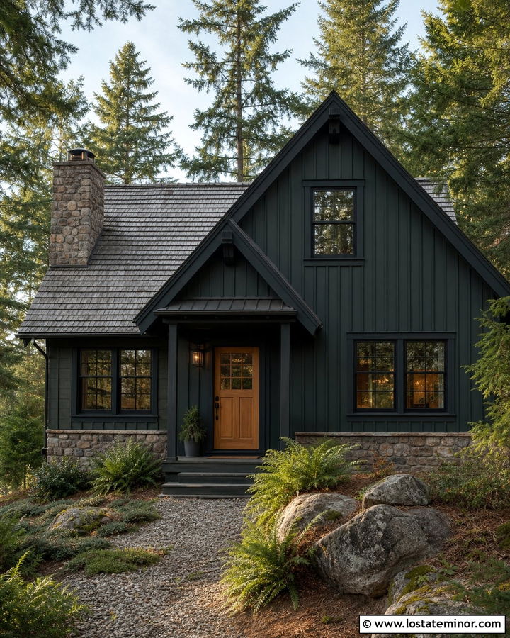 Small Black Cabin With Shingle Roof - 30 Black House Design With Shingles Ideas