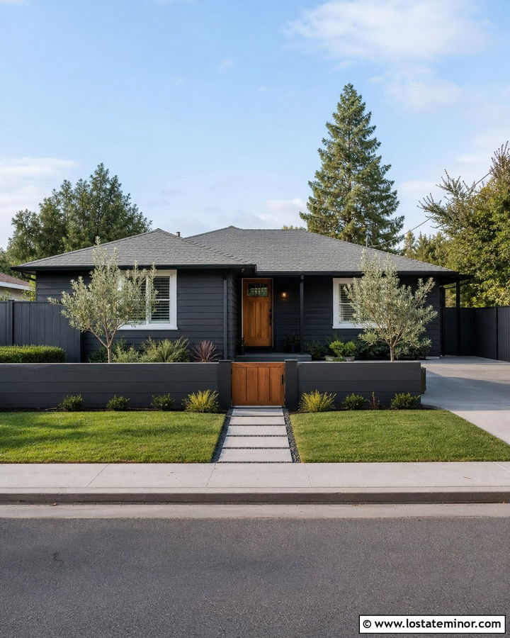 Small Black House With Gray Vinyl Fence - 30 Black House Design With Fence Ideas
