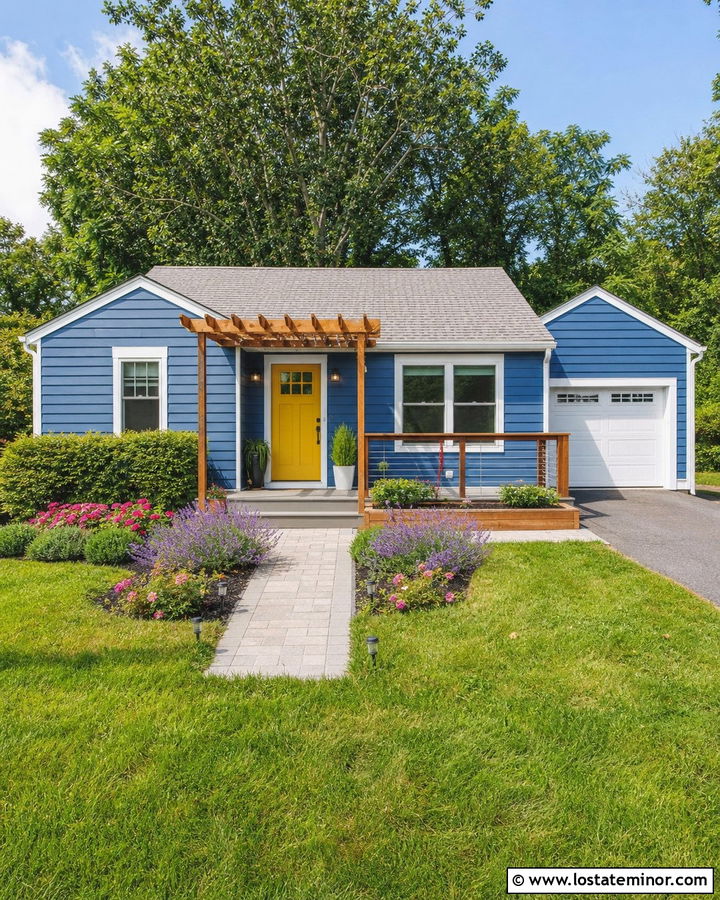 Small Denim Blue House With Compact Pergola - 30 Denim Blue House Design With Pergola Ideas